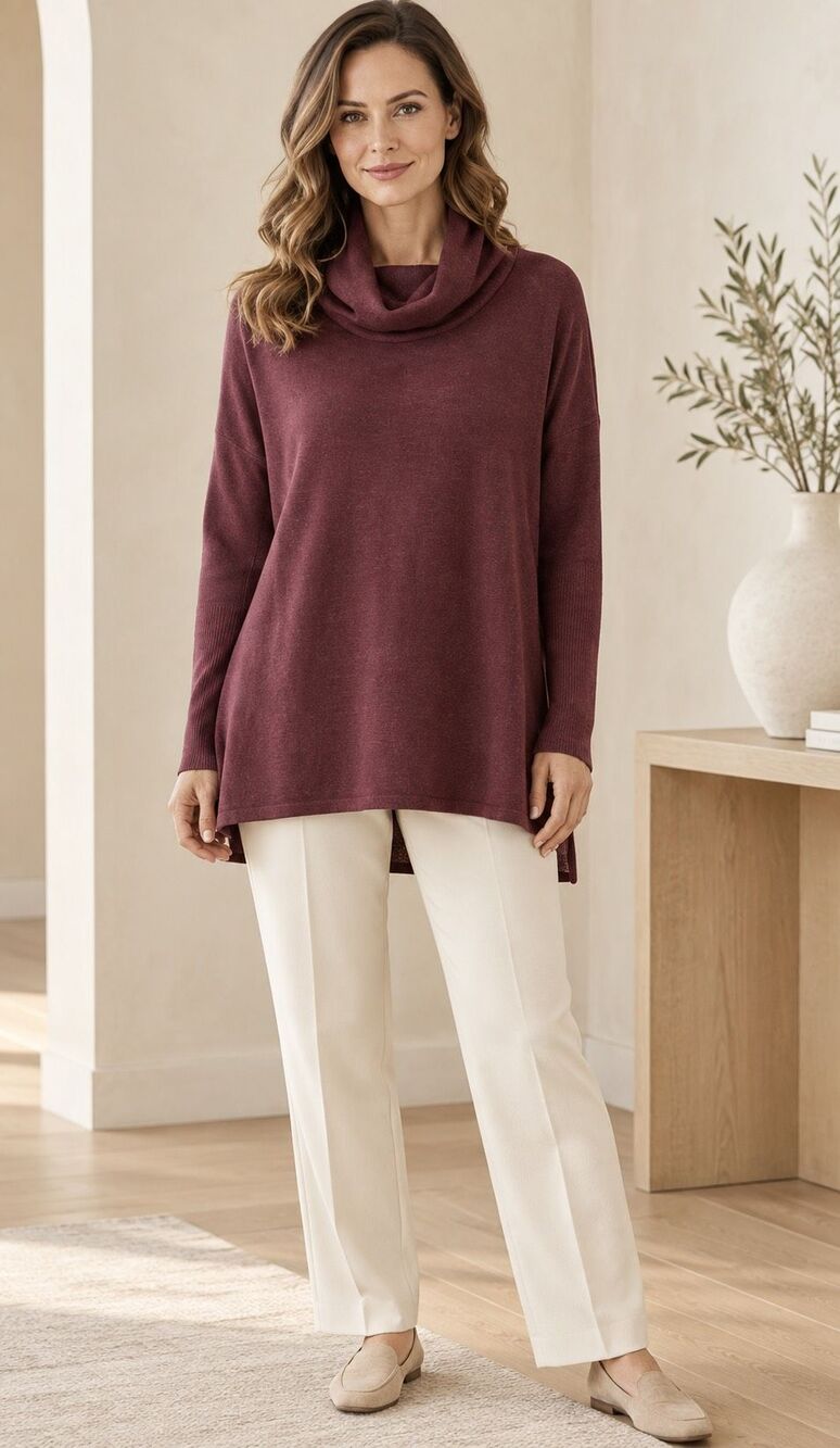Eileen Fisher Burgundy Cowl Neck wool Tunic Sweater Relaxed Oversized , XS $235
